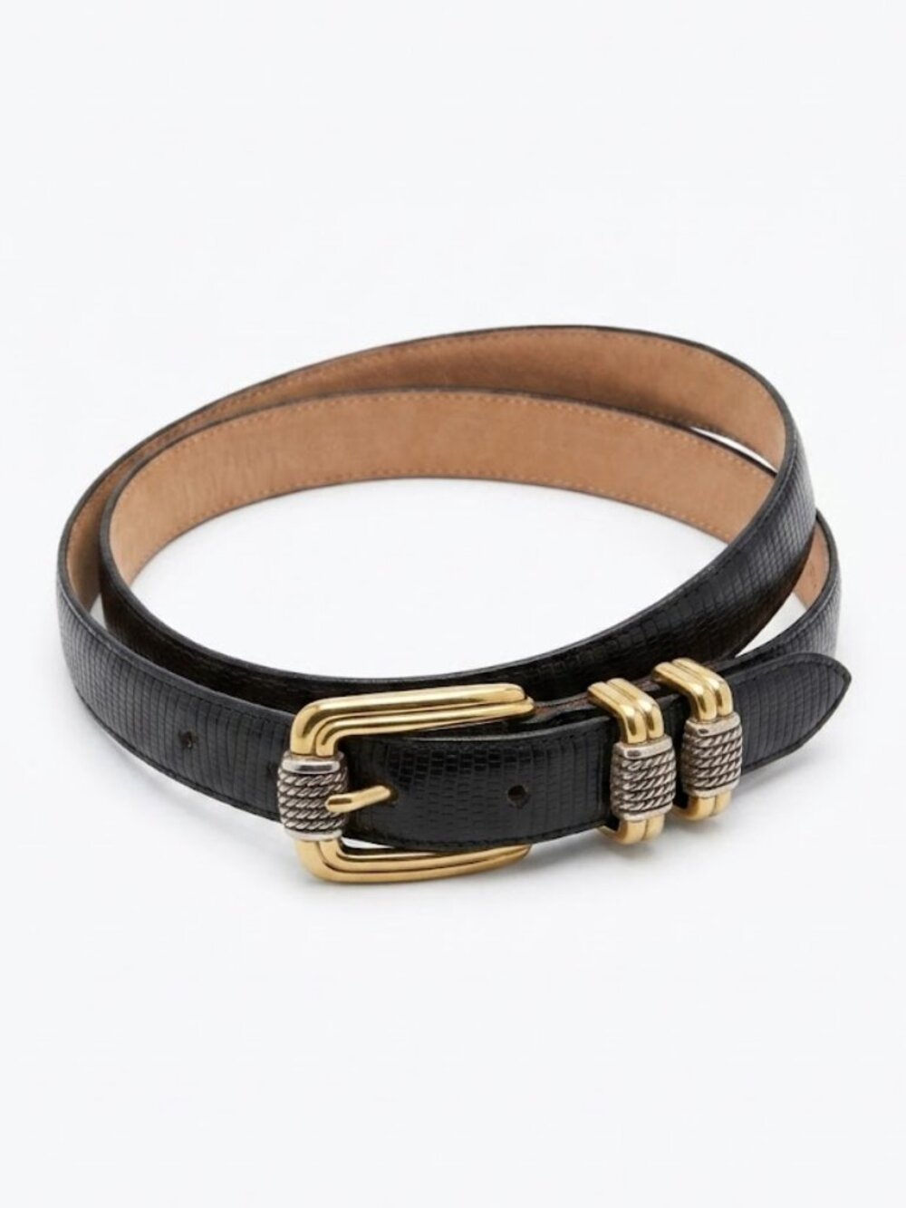 Brighton Black Lizard Leather Belt S 28 Silver Gold Two Tone Mixed Metal Western